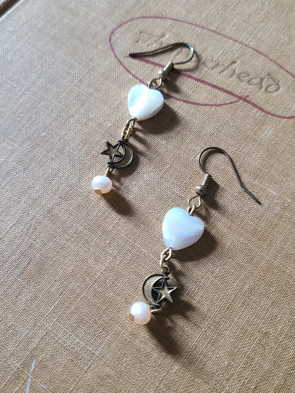 Handmade White Shell Heart & Moon Star Pearl Drop Earrings